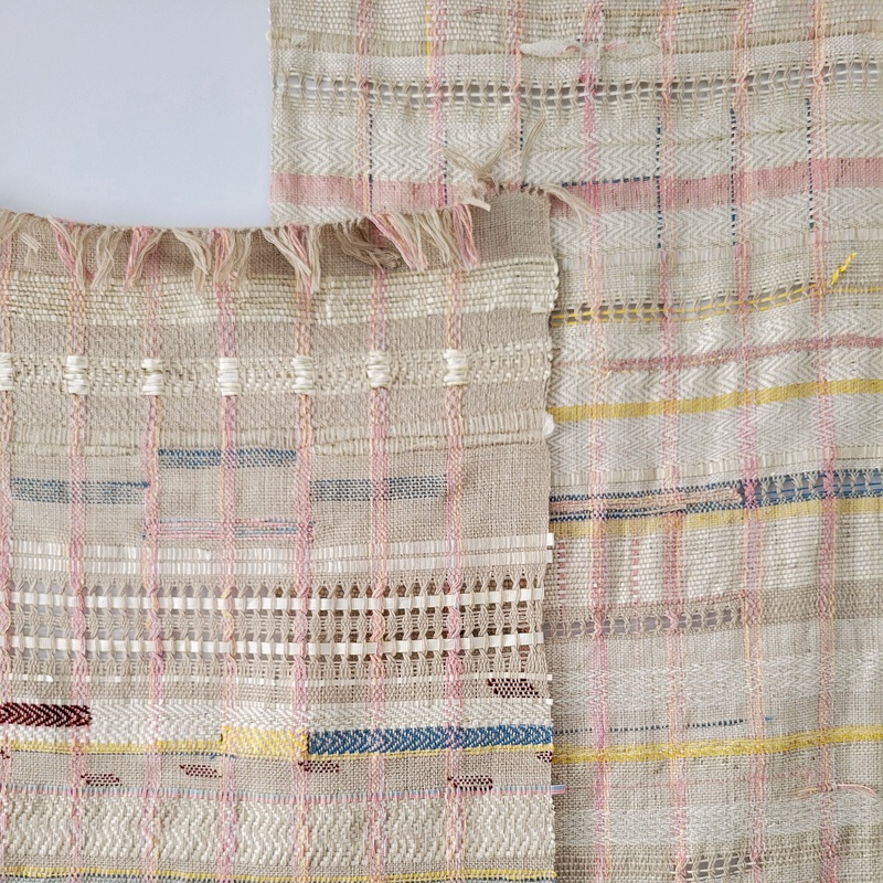 Large hand-woven wall art using vintage wedding ribbons from a family collection